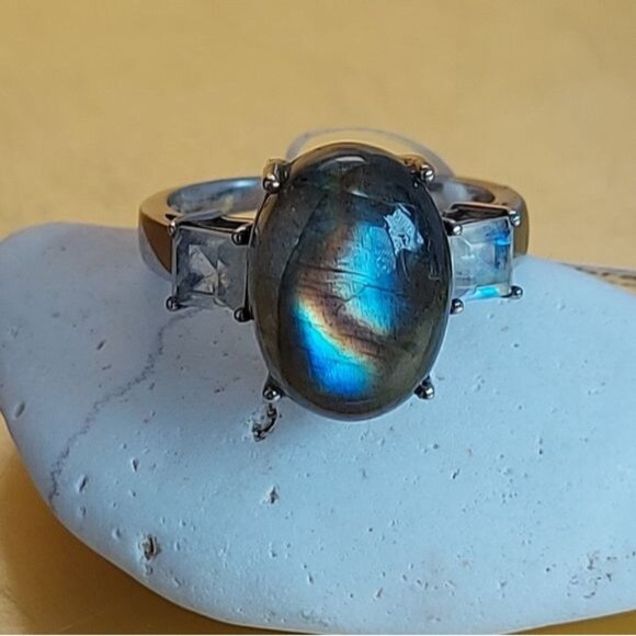 Natural Labradorite & Moonstone 925 Sterling Silver Ring - Picture 4 of 7
